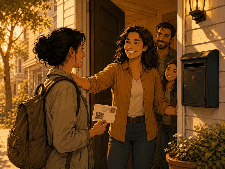 Residents at their front door welcoming a new resident, one holding a mailed verification postcard