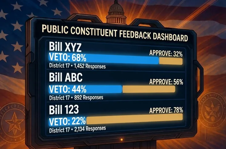 Public constituent feedback dashboard showing dissent tallies by bill