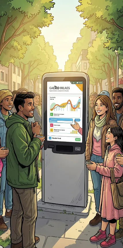 Citizens gathered around a public civic data kiosk